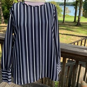 Vertical striped navy blue and white top